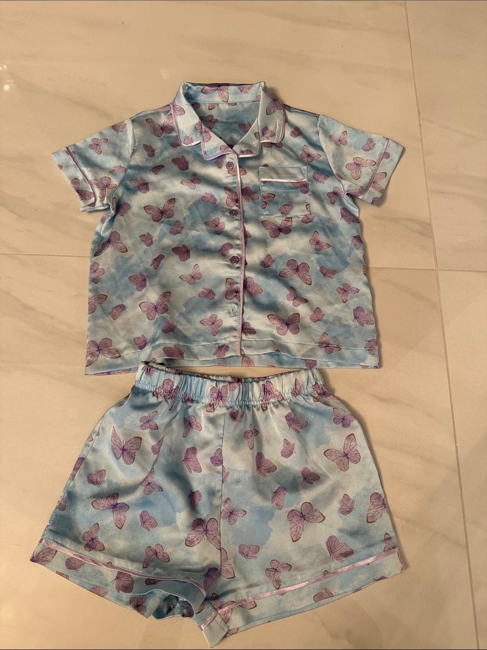 Tahari Light Blue Short Pajama Set with Purple Butterfly Print